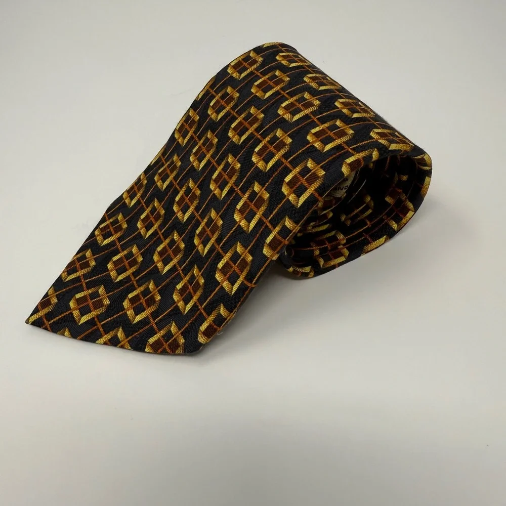 Ermenegildo Zegna Necktie Silk Black Gold‎ Geometric Box Pattern Men's